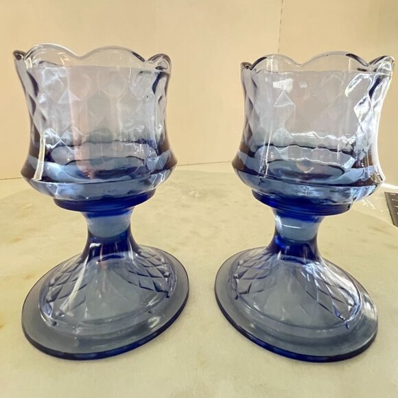 Vtg 2 Fenton Blue Pedestal Glass Candle Holders Diamond Optic Scalloped Rim - Picture 10 of 12